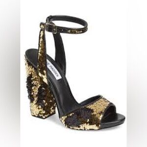 EUC STEVE MADDEN Brand Black Gold Sequin High Heels Pumps Size 7.5 Ritzy Ritz